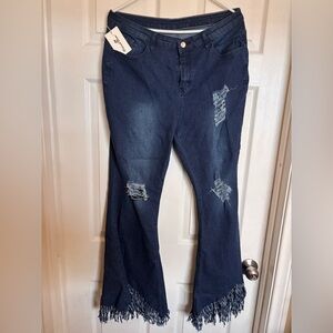 Trendy Dark Blue Distressed Flare Spandex Jeans